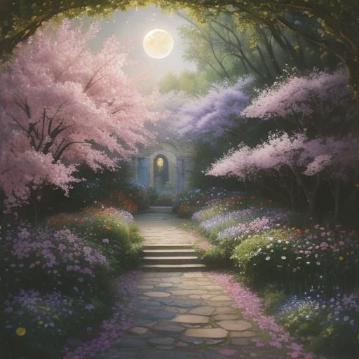 Enchanted Moonlit Garden in Gouache Style