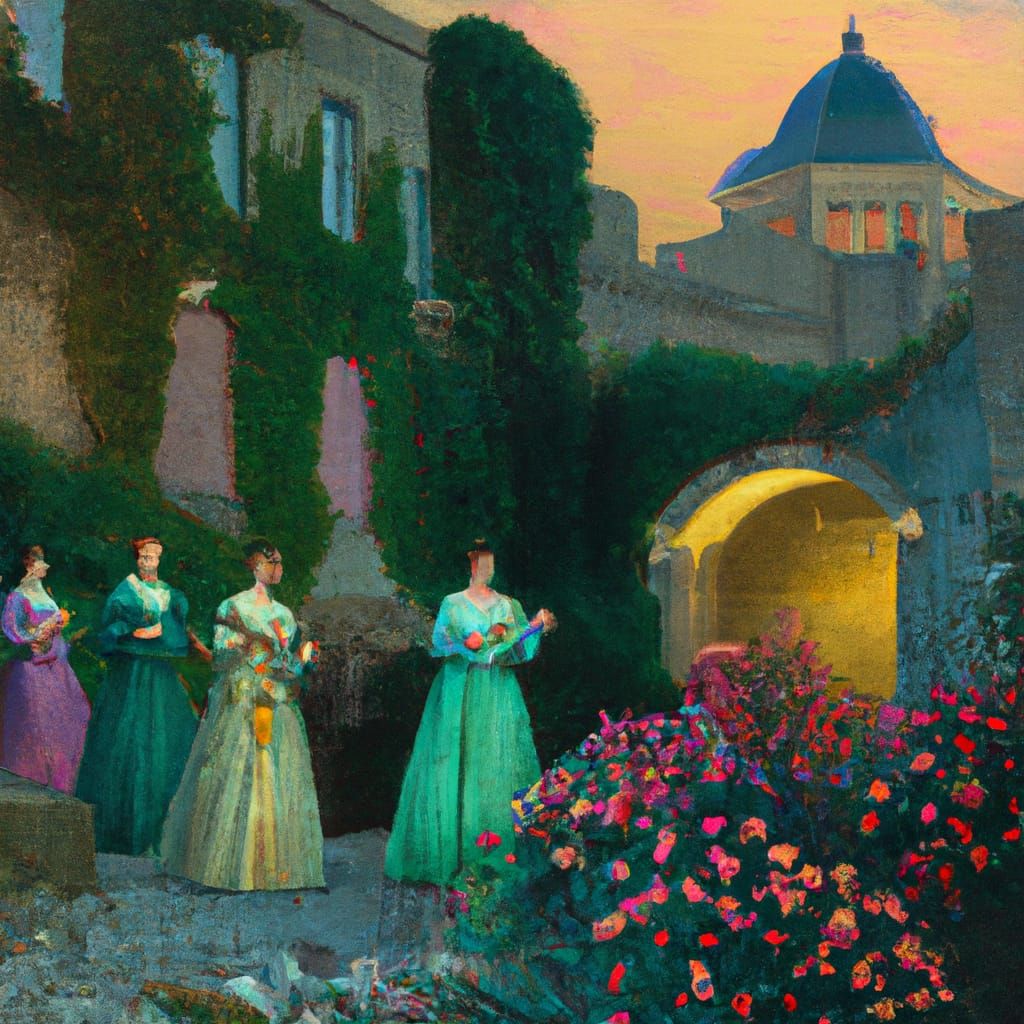 Elegant Ladies at Twilight: Art Nouveau Masterpiece