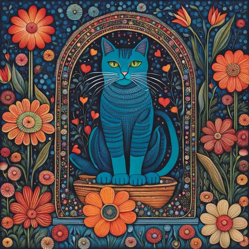 Naive Art: Cat on Pillow with Flowers