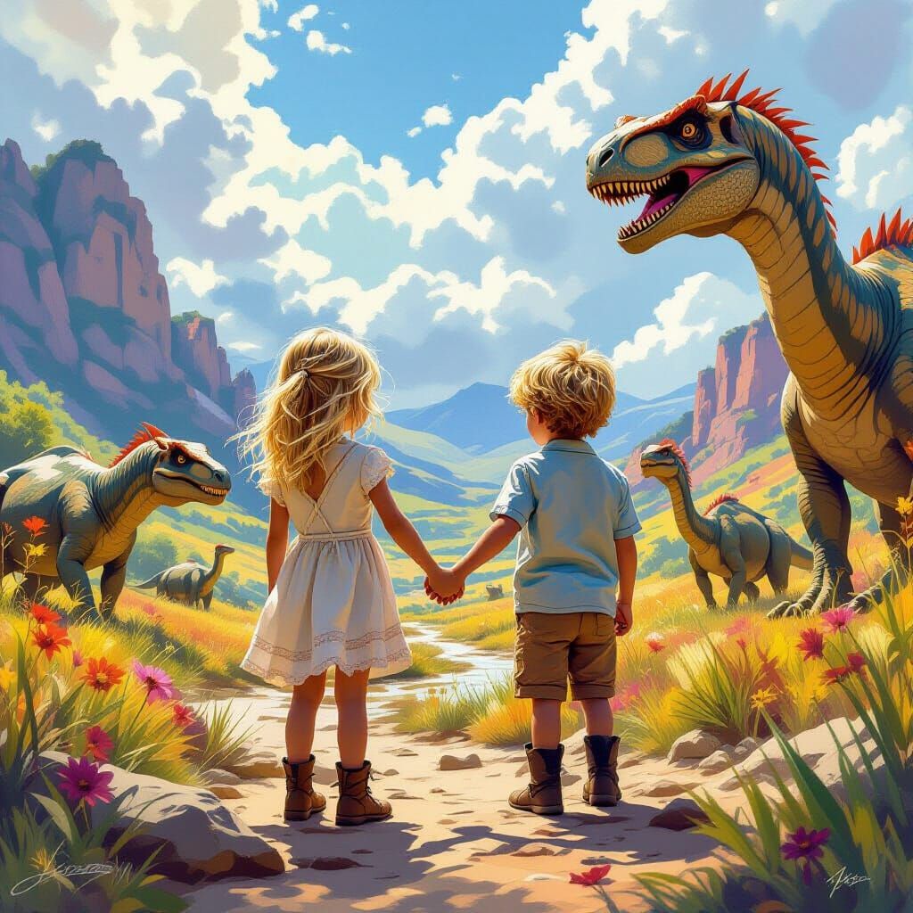 Children Among Dinosaurs in Ancient Jura Landscape