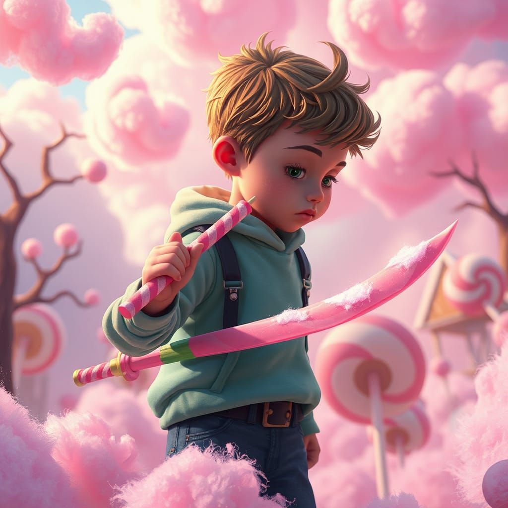Boy Whispering in Candyland with Candy Sword