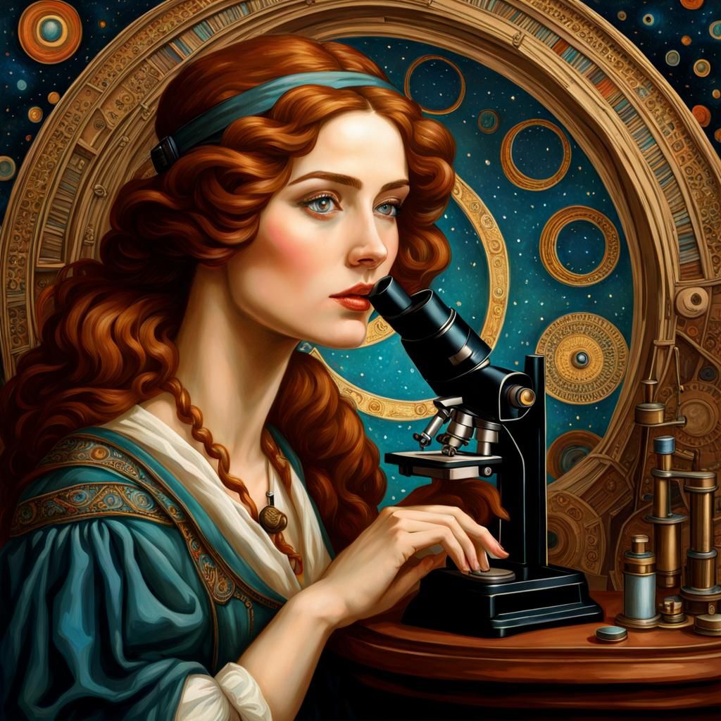 Romantic Scientist with Microscope in Pre-Raphaelite Style