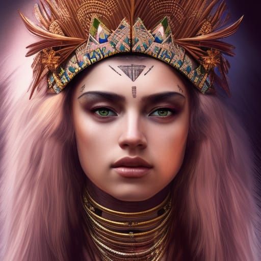 Tribal Queen Portrait with Aztec Crown, Detailed Body Art