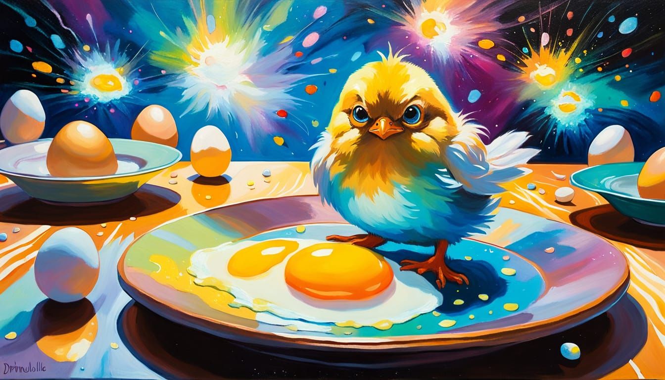 Grumpy Chick and Eggs: Vibrant Oil Painting