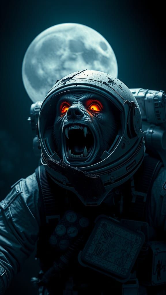 Werewolf Astronaut Transforms Under Full Moon in Dark Space