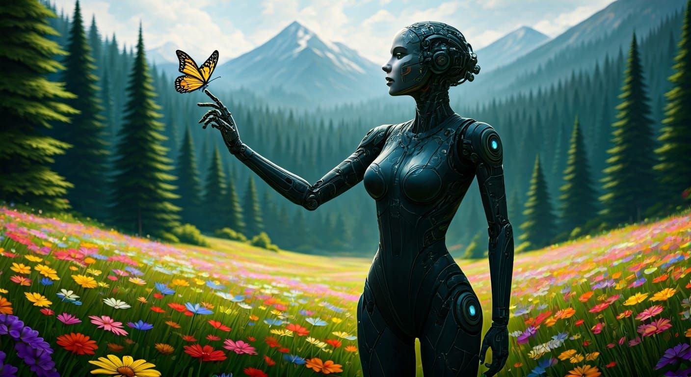 Cyborg in Meadow with Butterfly, in Syd Mead Style