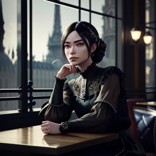 Pensive Woman in Parisian Cafe, 3D Anime Art