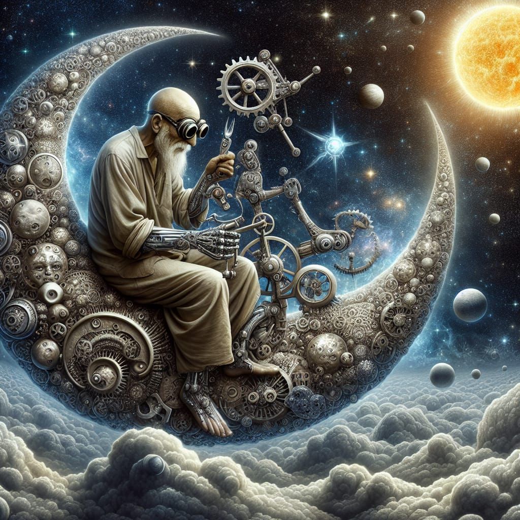 Fantasy Scene: Man Repairs Sun on the Moon