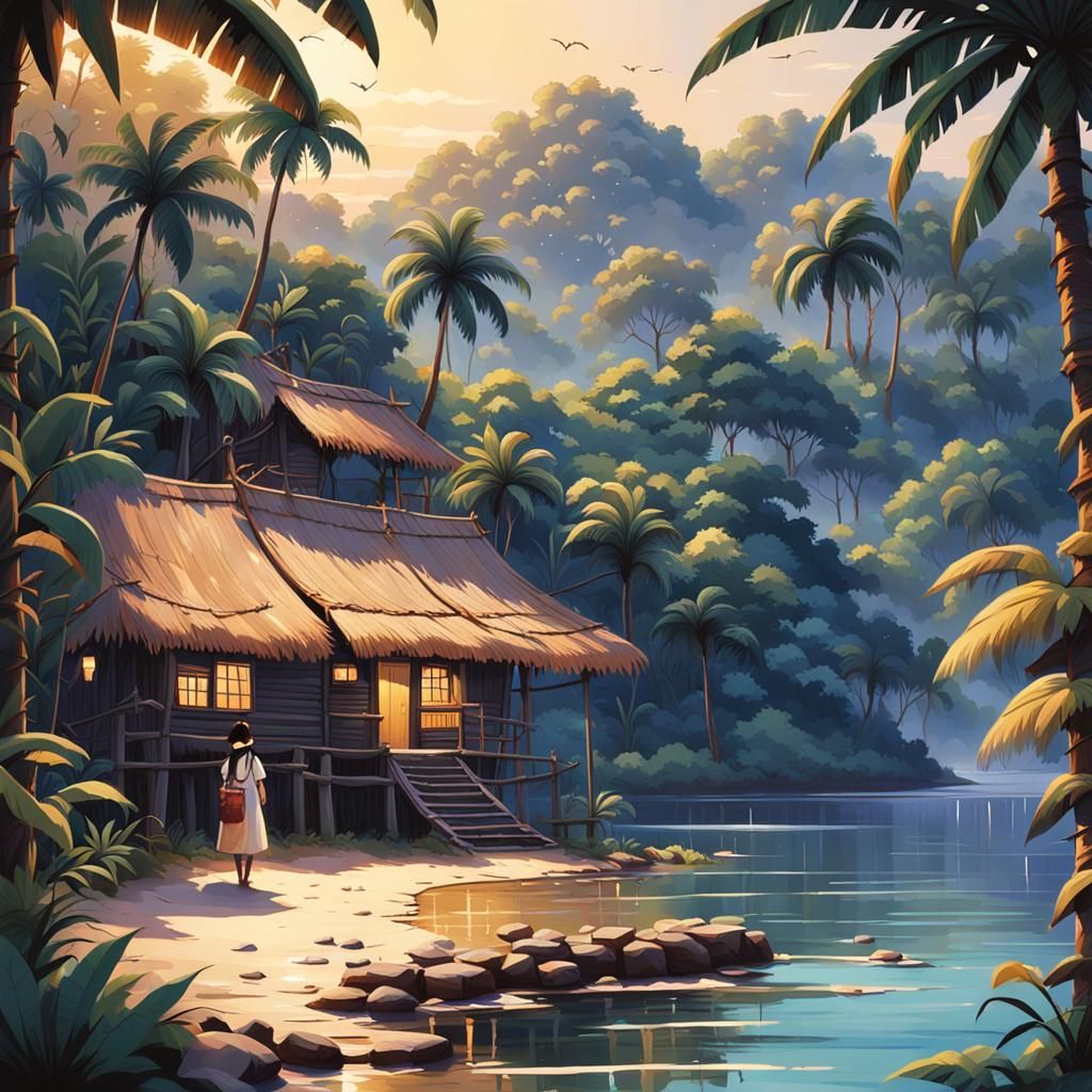 Hilda Bramble at Tropical River, Art Nouveau Style