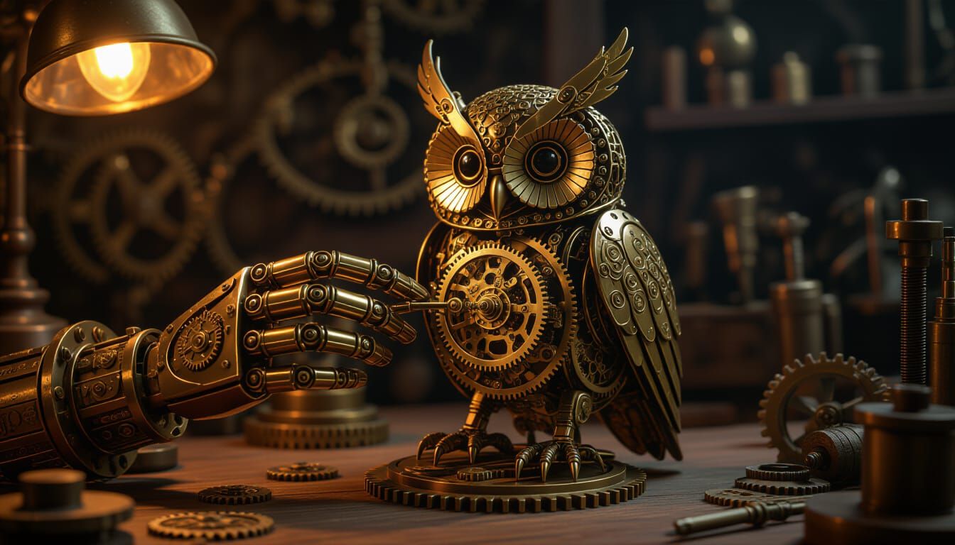 Steampunk Mechanical Hand Assembles Clockwork Owl