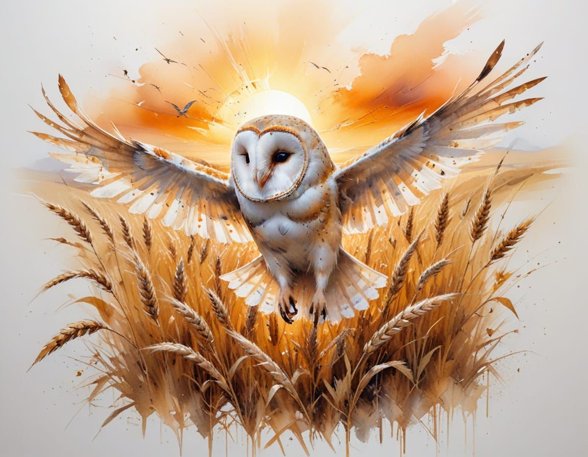 Barn Owl Gliding Over Golden Fields at Sunset