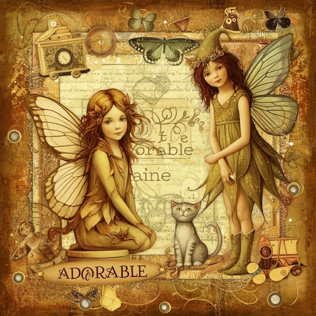 Whimsical Fairy with Mischievous Cat in Folk Art Collage