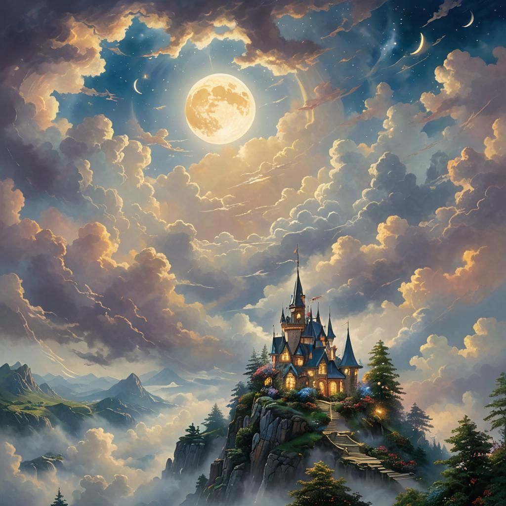 Ethereal Dreamworld with Sun, Moon, and Clouds