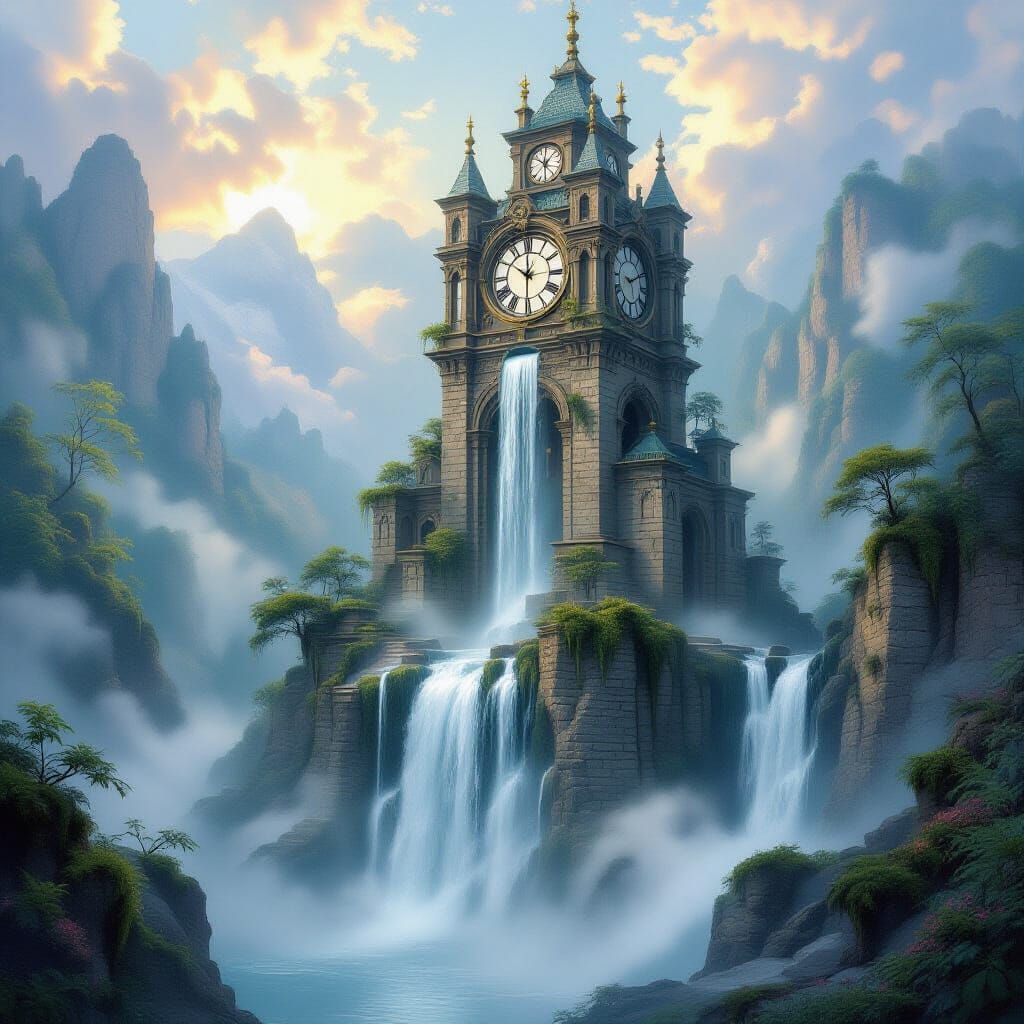 Waterfall Cascading Down Ancient Clock Tower