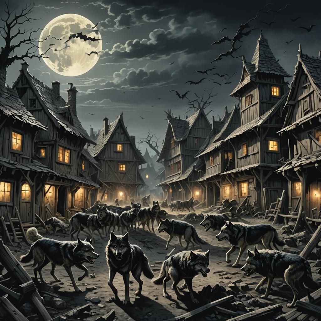 Wolves Attack Village in Dark Gothic Fantasy