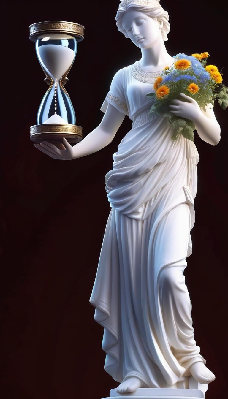 White Marble Statue in Flower Garden Holding Hourglass