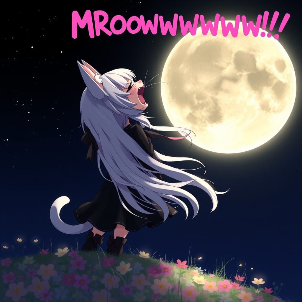Anime Catgirl Shouts at the Moon under Starry Night Sky