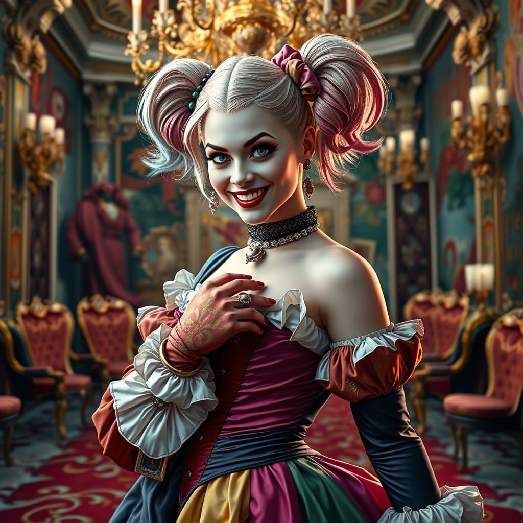 Harley Quinn in Baroque Gown, Rococo Ballroom
