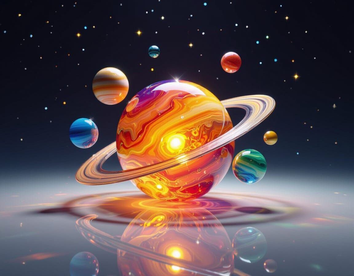 Vivid Glass Solar System with Colorful Blown Glass Sun