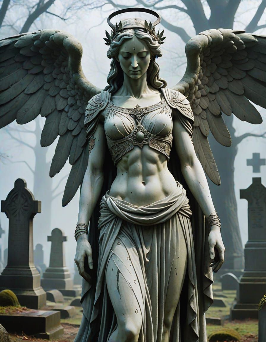 Weeping Angel Statue in Misty Graveyard
