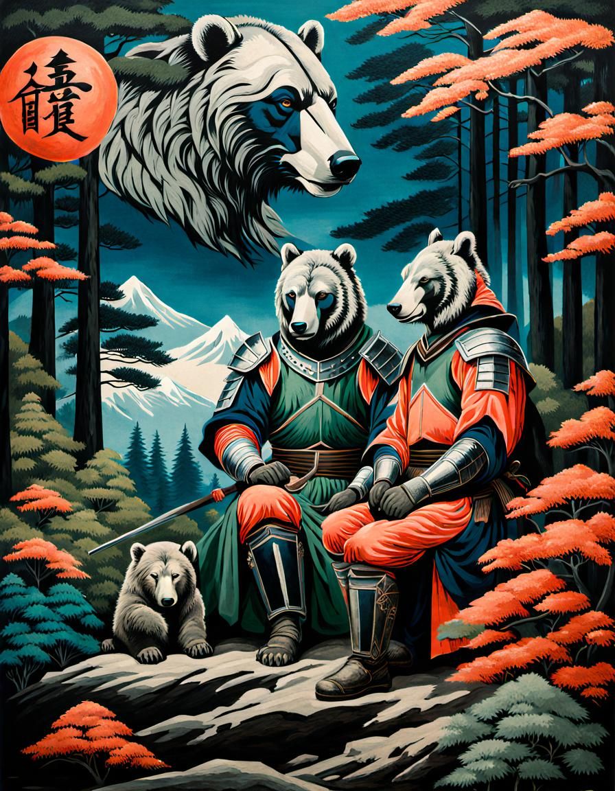 Knights Resting Near Forest Bear Heads in Hokusai Style