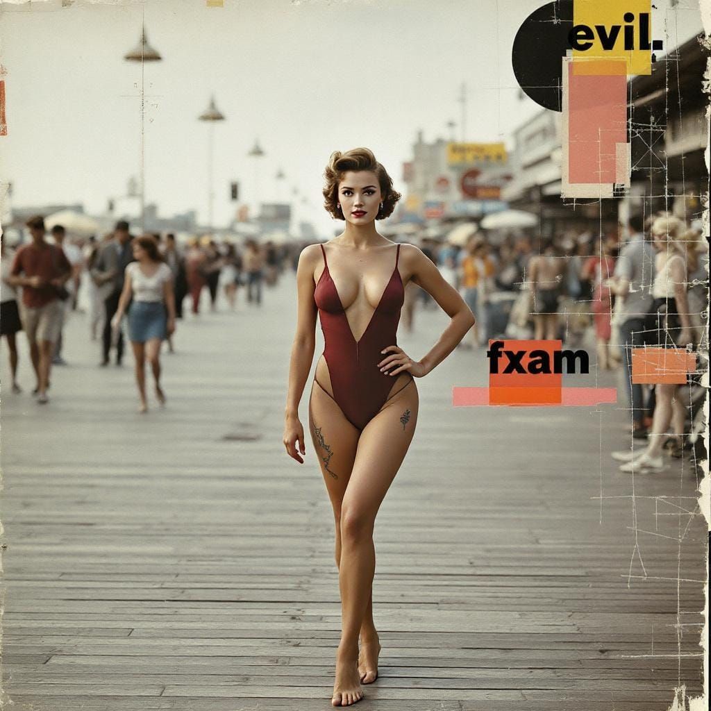 Vintage Pin-Up Boardwalk Photo in Bauhaus Collage Style