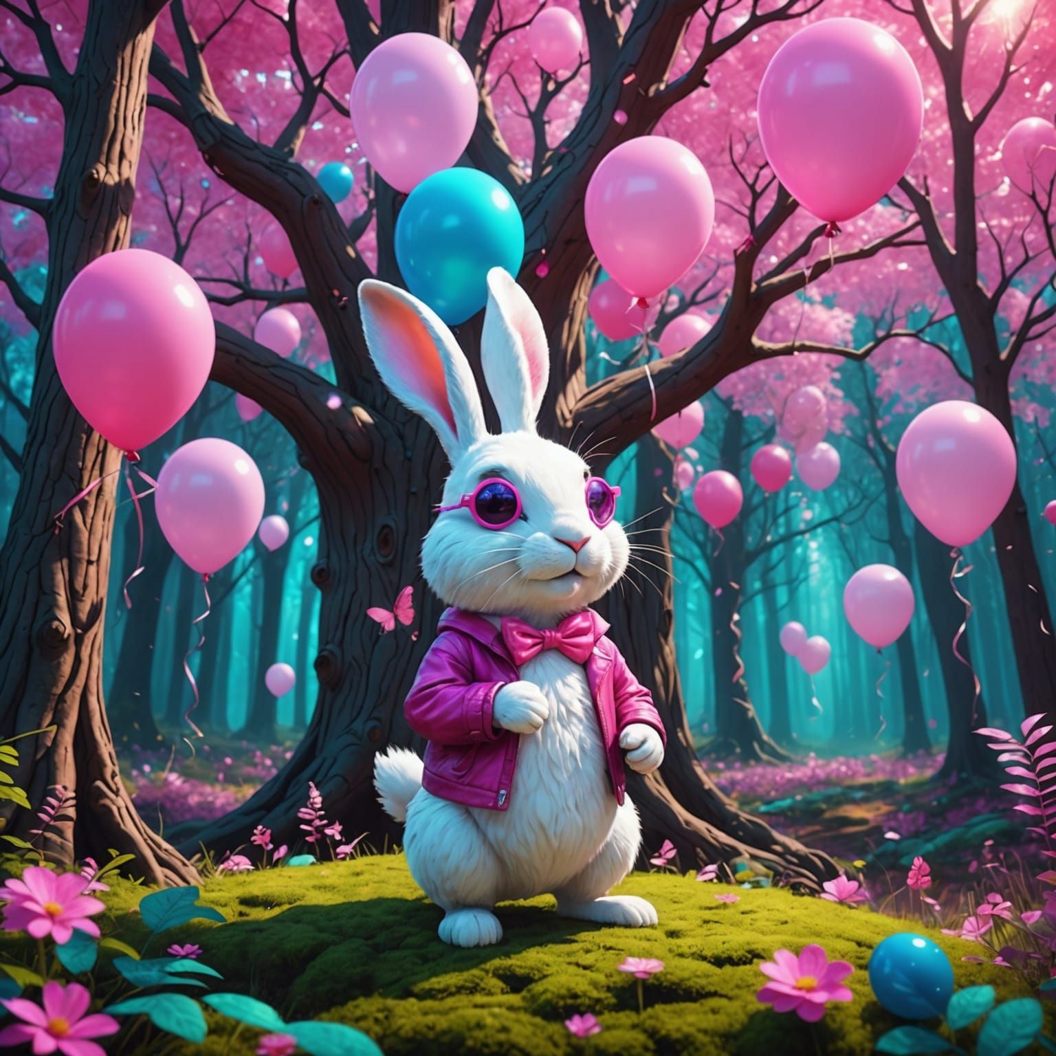 Rabbit Hugging Tree with Balloons in 3D Style