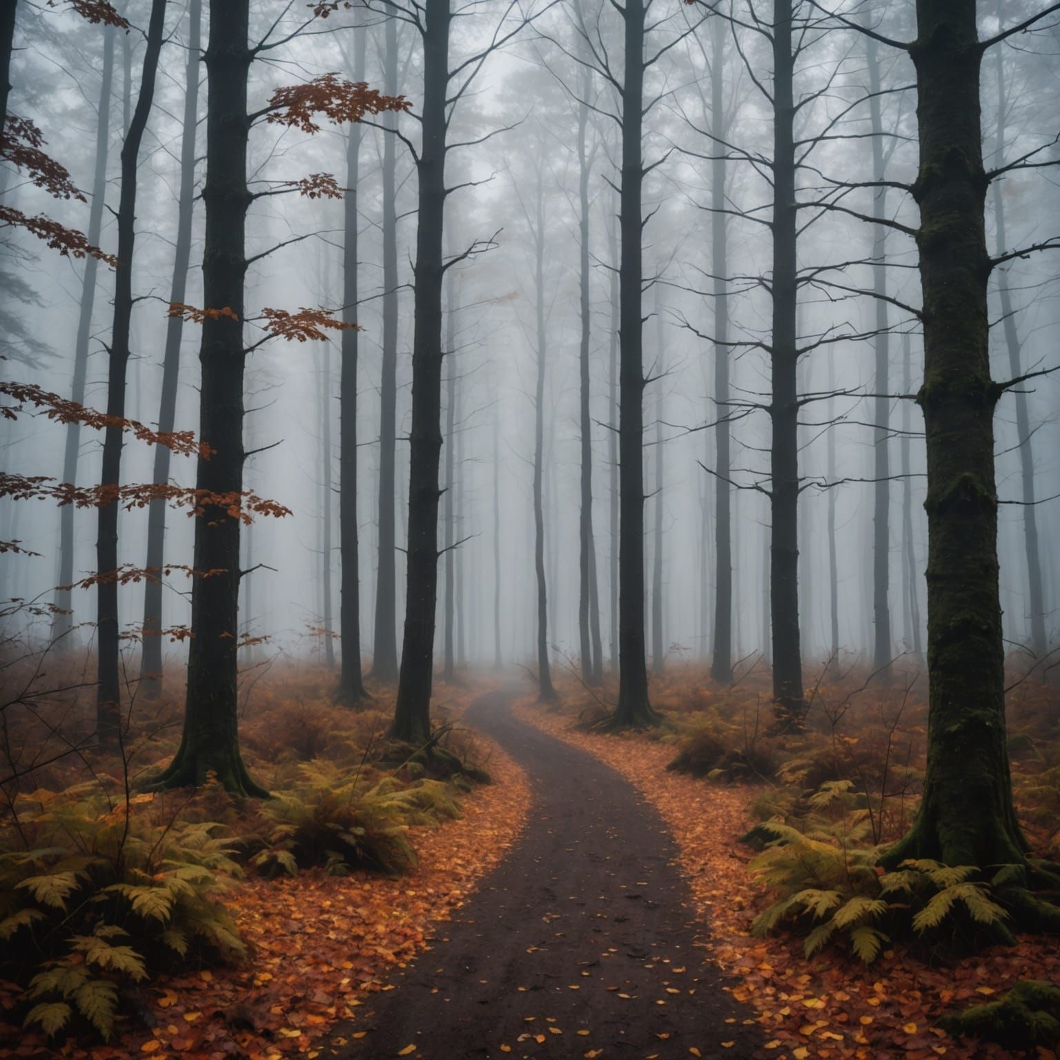 Eerie Foggy Autumn Forest Landscape