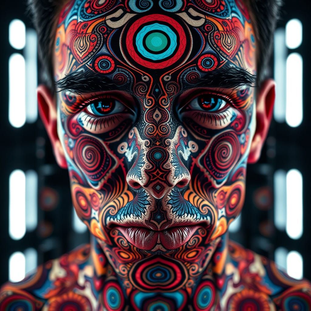 Intricate Zen Master in Vibrant Optical Illusion