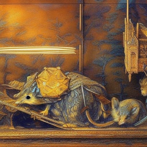 Elegant Dystopian Scene with Mice and Crystal Box