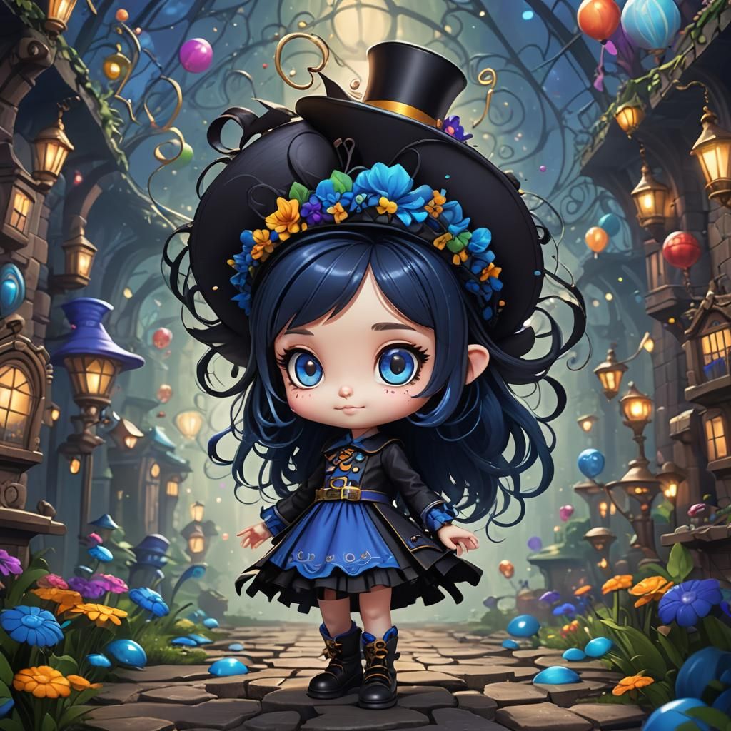 Chibi Fairy with Dark Blue Hair in Detailed Painting