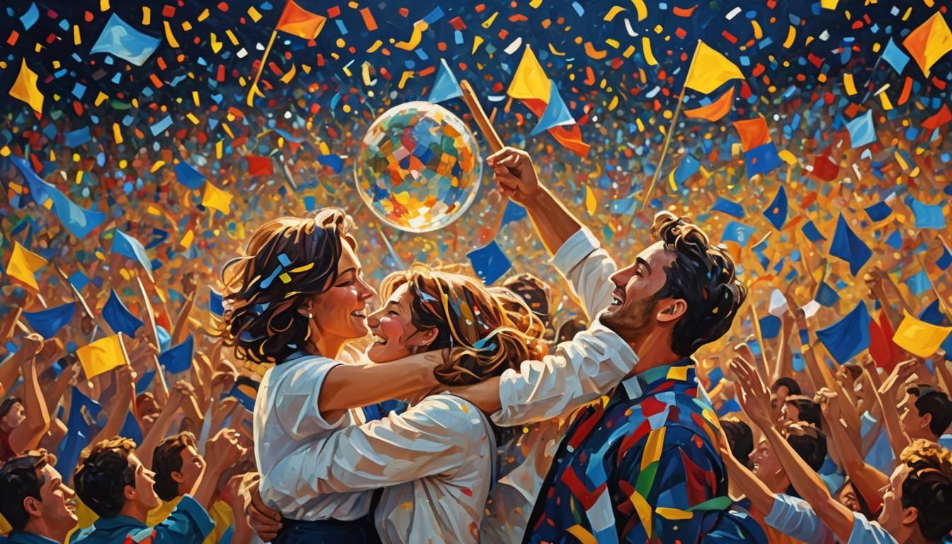 Triumphant Couple's Victory: Expressionist Oil Painting