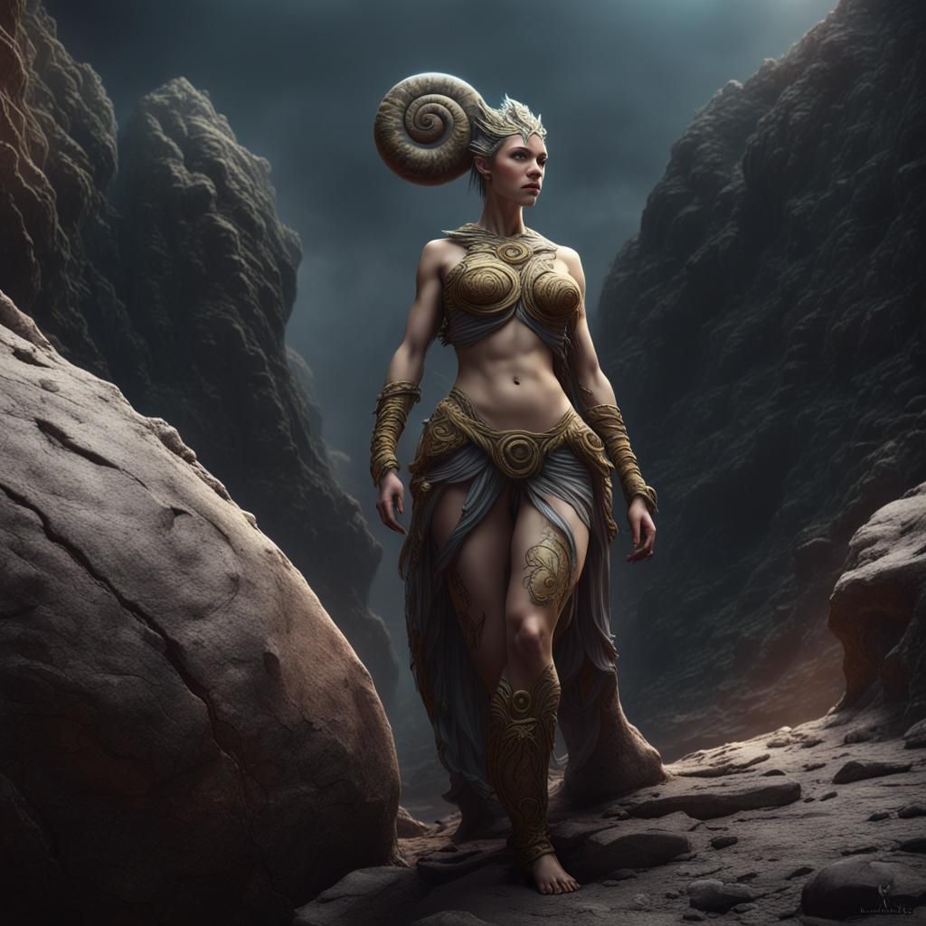 Snail Goddess in Dark Landscape: Fantasy Concept Art