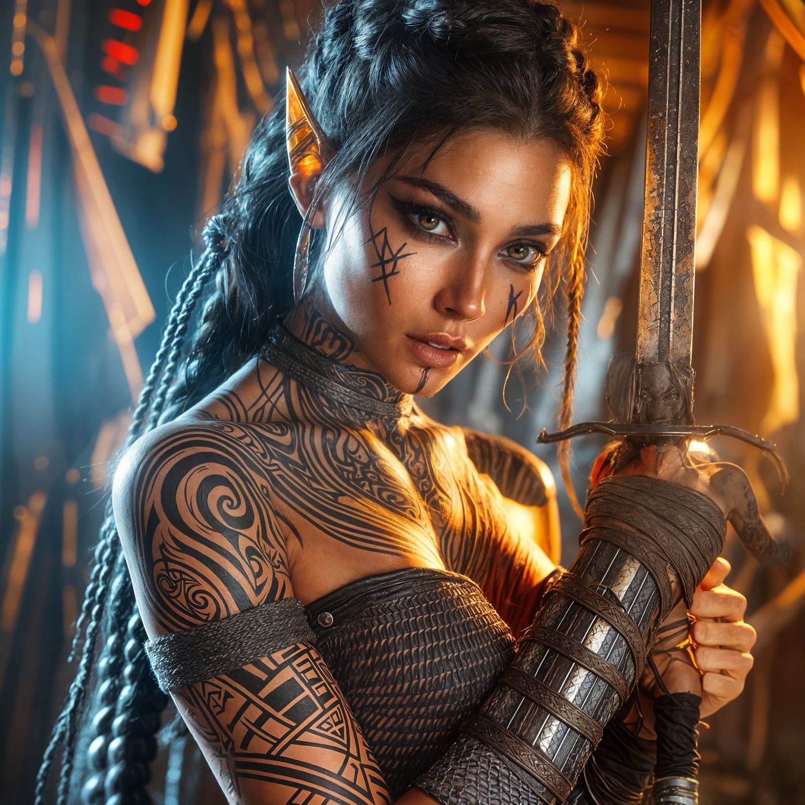 Fierce South Asian Elf Warrior in Metallic Armor