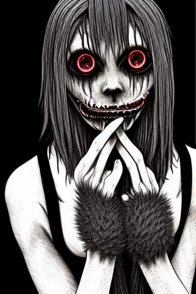 Creepy Anime Cat-Girl with Red Eyes and Sharp Teeth