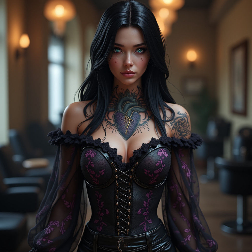 Edgy Woman with Heart Tattoo in Salon, Digital Painting