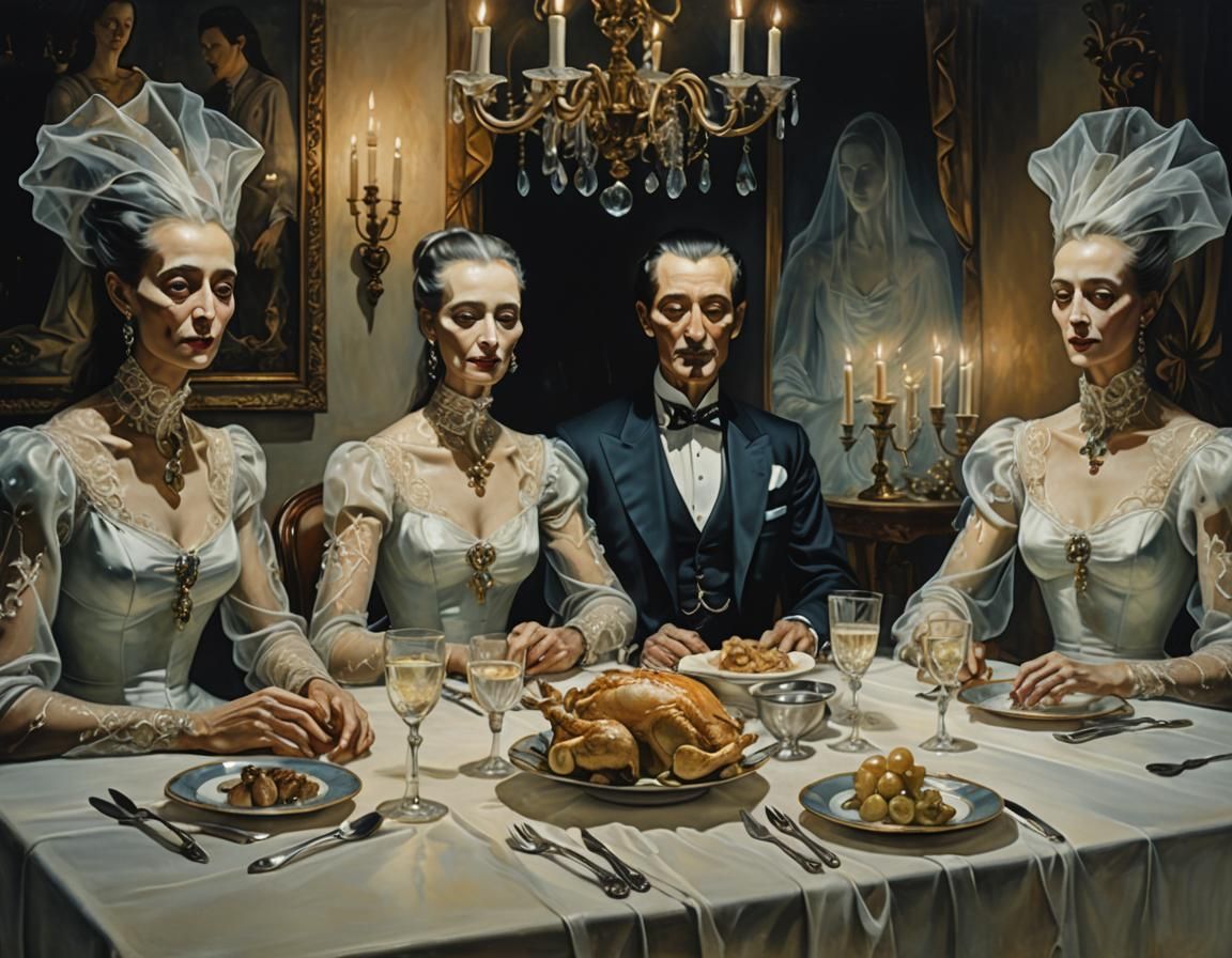 Spirits at a Surreal Banquet, Oil Painting