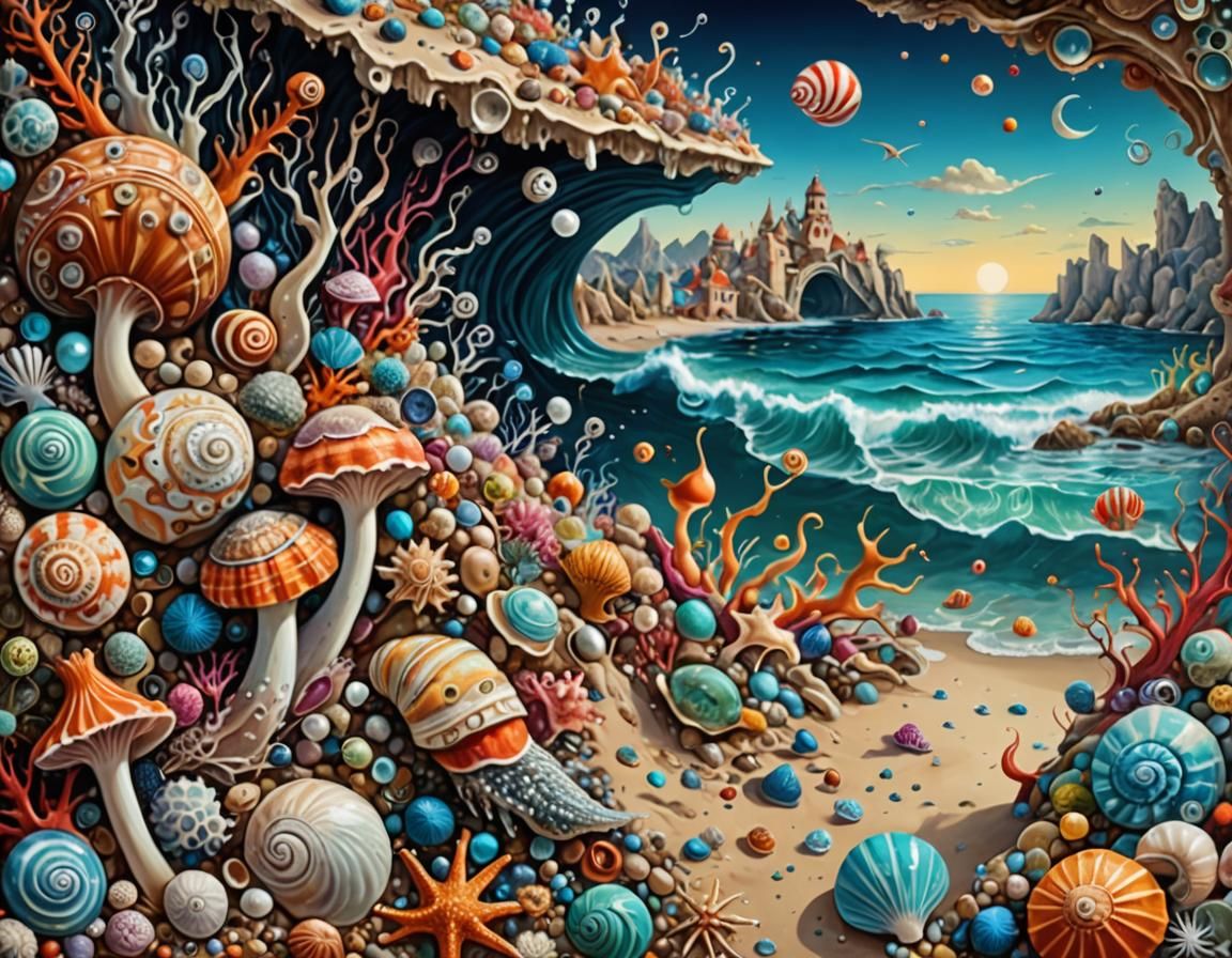 Surreal Shore Landscape with Exotic Sea Creatures