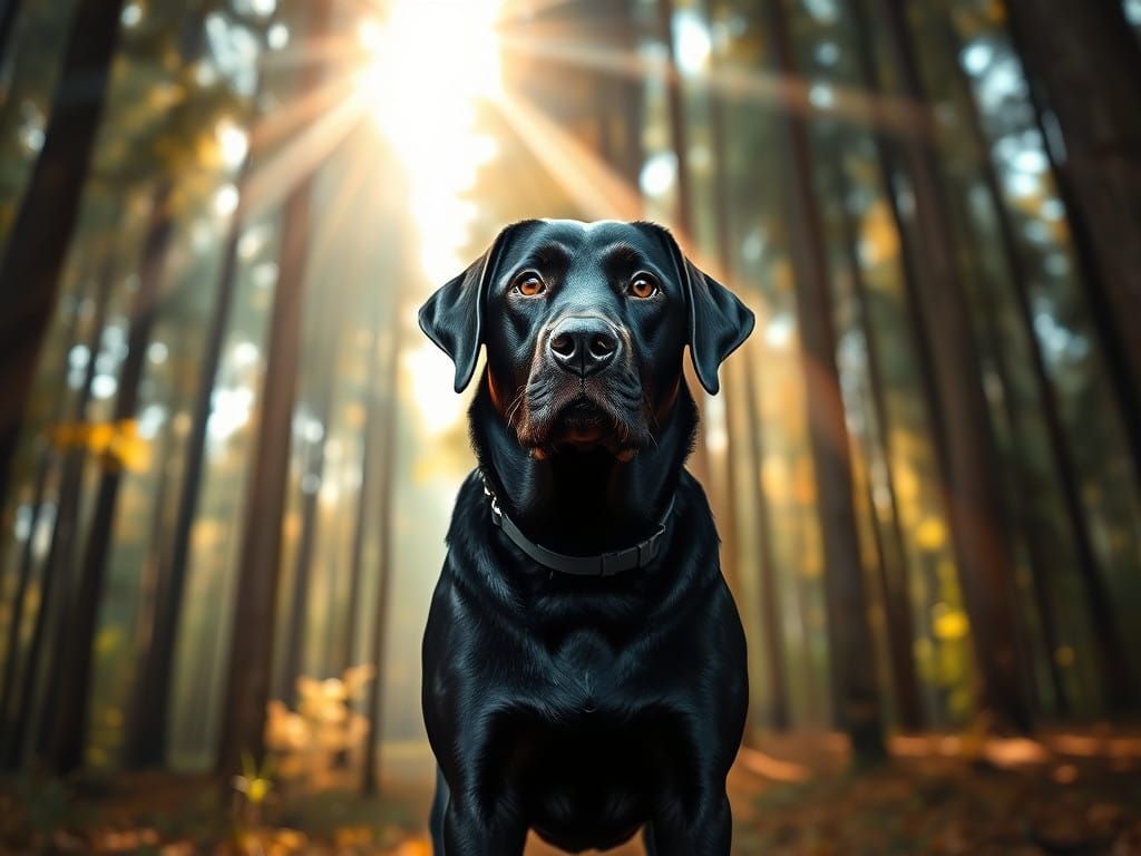 Majestic Black Labrador Retriever in a Luminous Forest Lands...