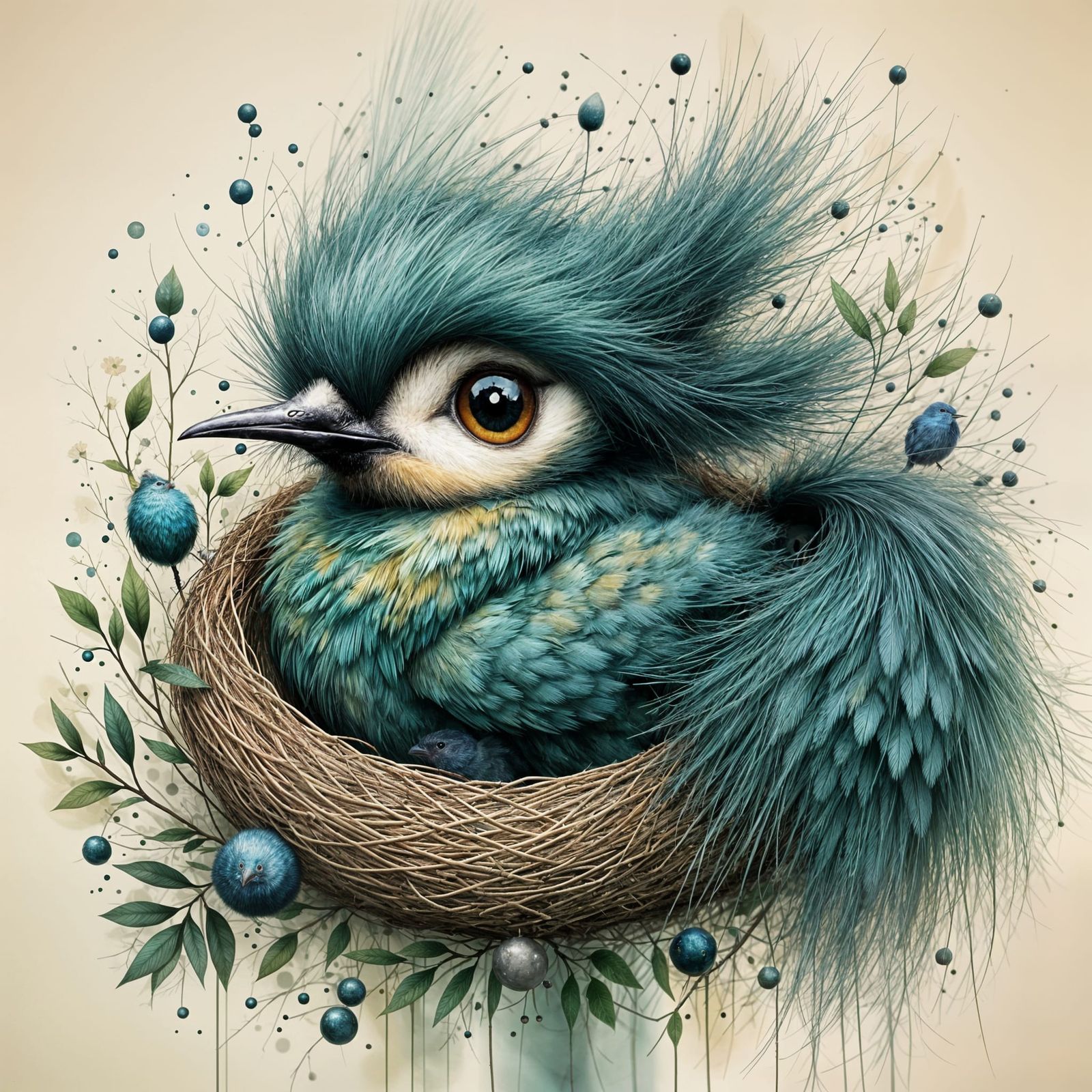 Gorgeous Bird in Nest, Soft Ink Art