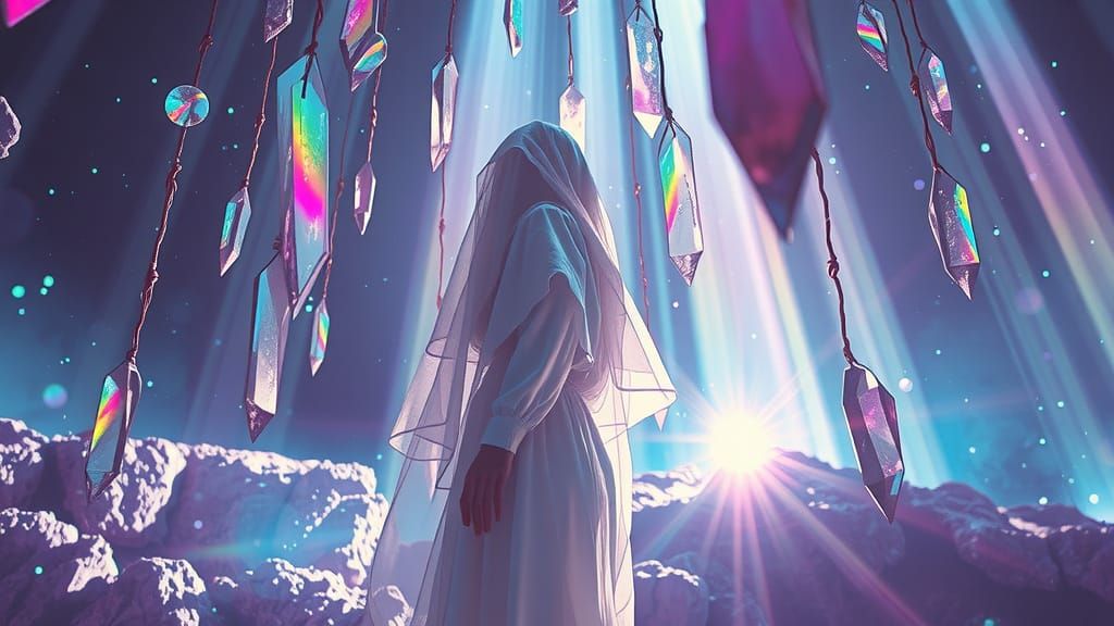 Prismatic Figure in Crystal Landscape: Surreal AI Art