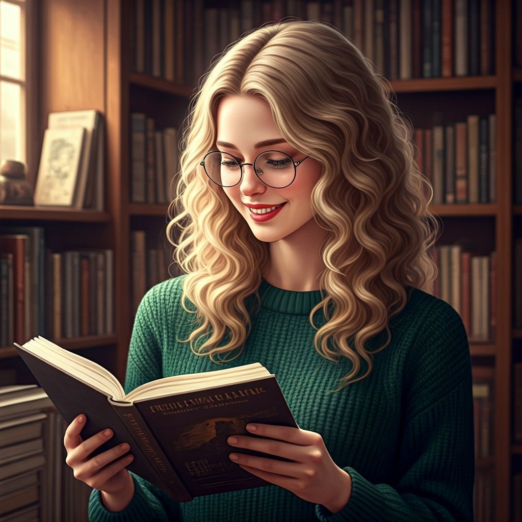 Woman Reading in Busy Bookshop, Elegant Digital Art