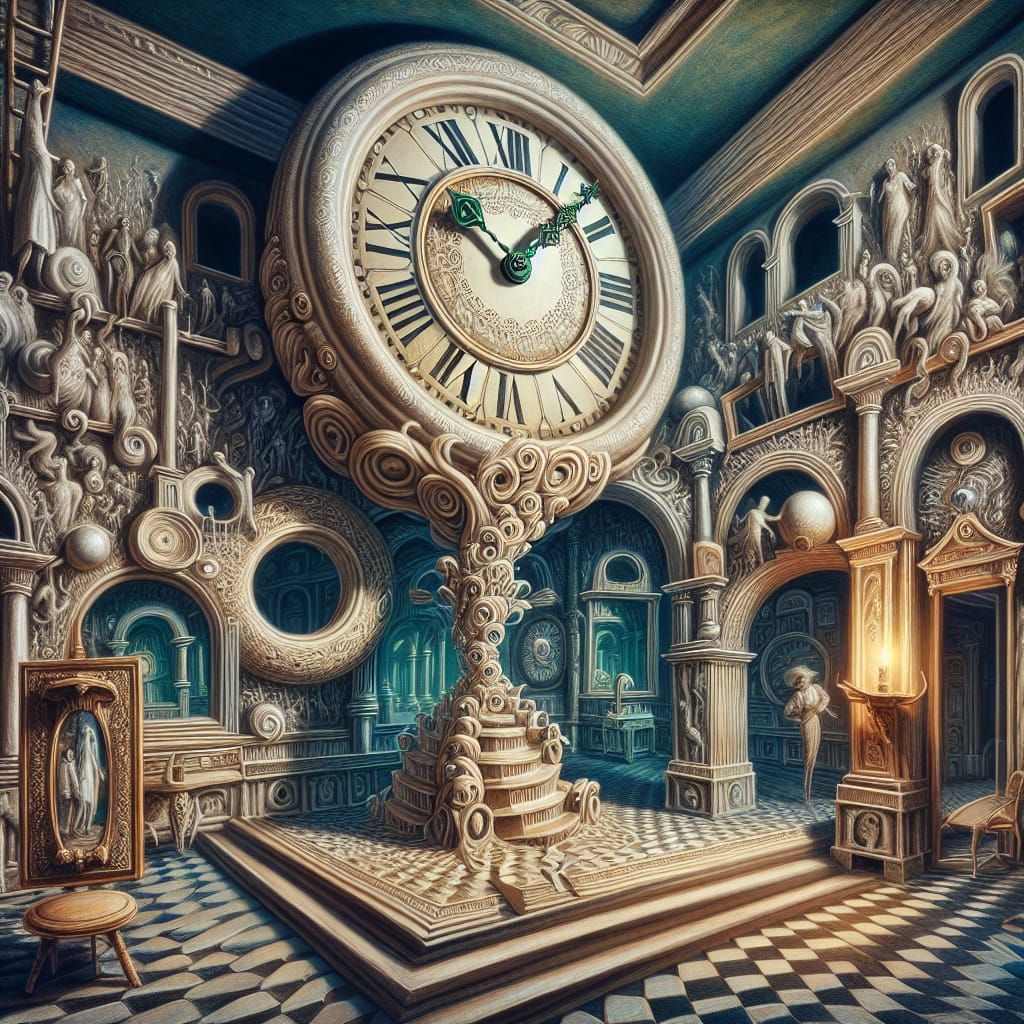 Surrealistic Oil Painting of a Distorted Clock Tower in an E...