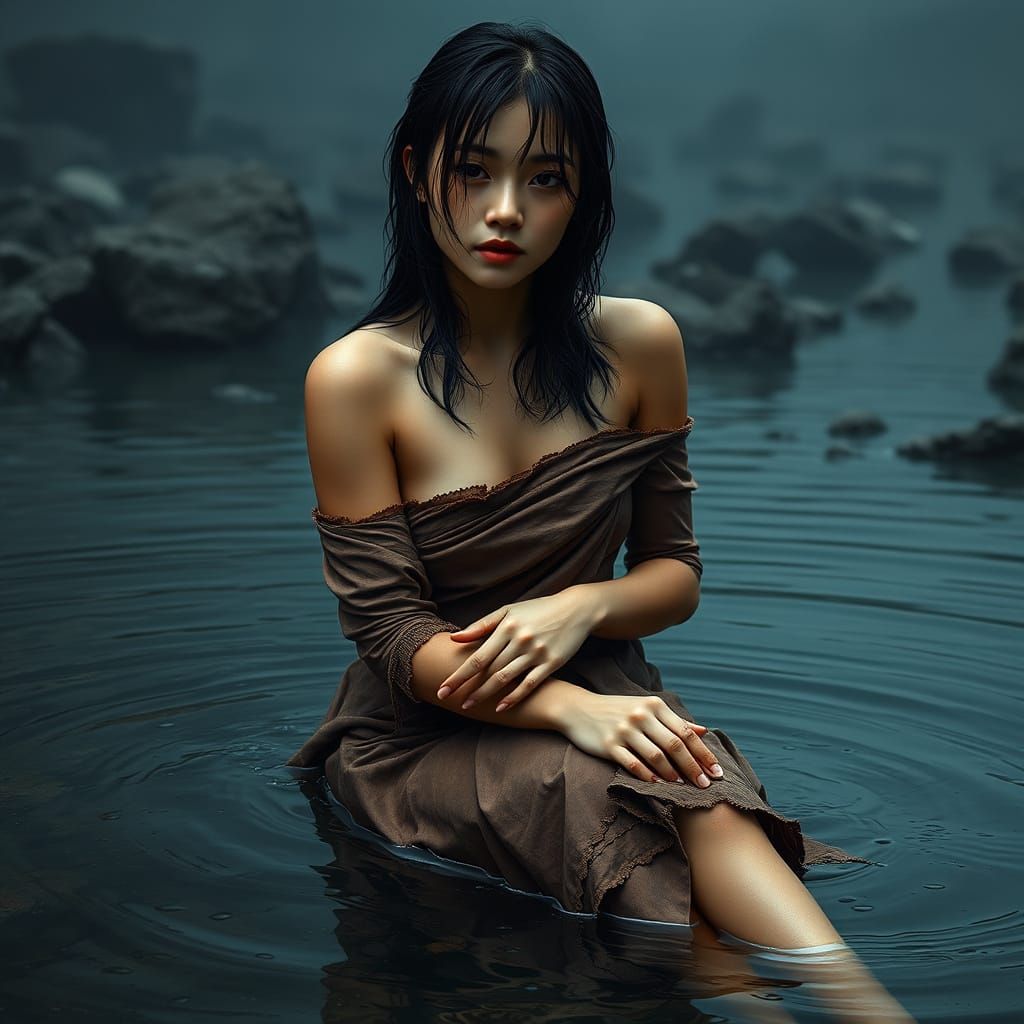 Gaunt Woman in Murky Water: Photorealistic Portrait