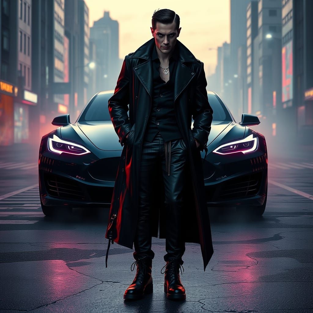Cyberpunk Vampire in Dystopian Cityscape