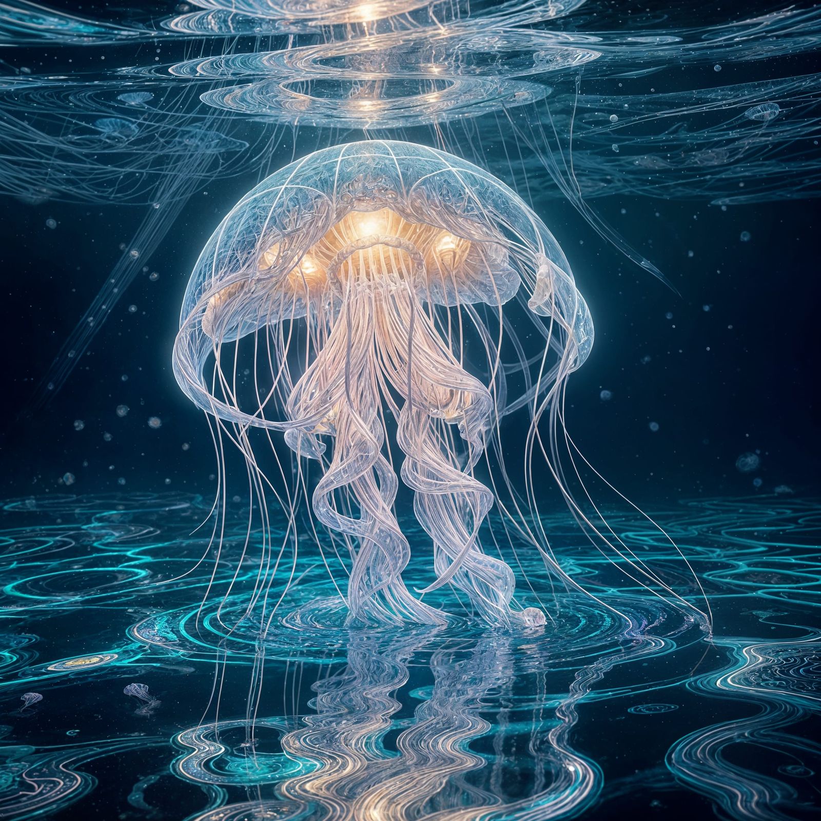 Bioluminescent Jellyfish in Mirrored Sea: Kaleidoscope Art