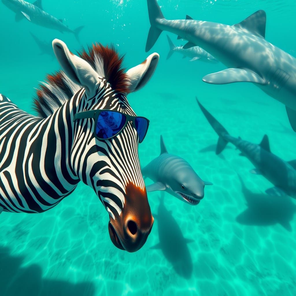 Vibrant Beach Scene with Zebra and Great Whites