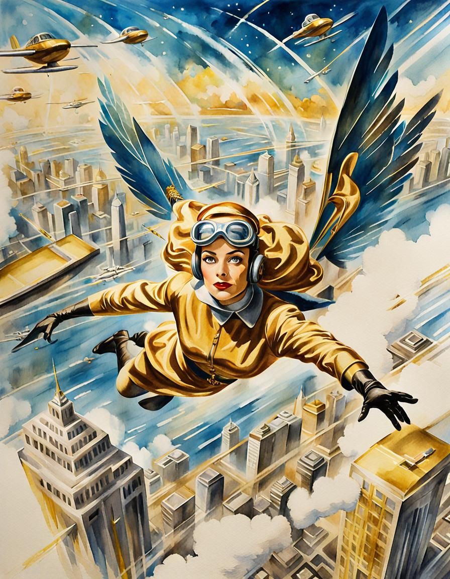Retro-Futuristic Metropolis: Flying Woman in Watercolor Styl...