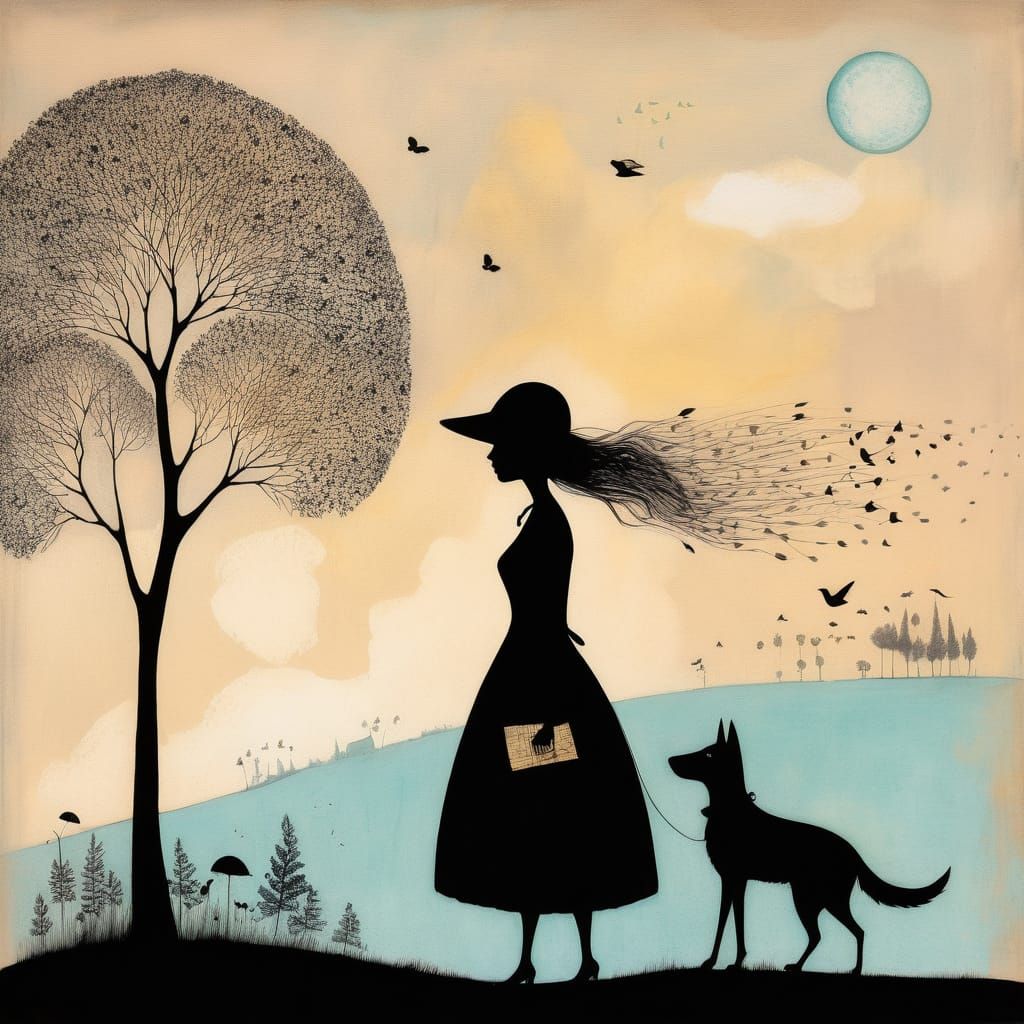 Whimsical Silhouette of a Playful Wanderer in a Surreal Land...