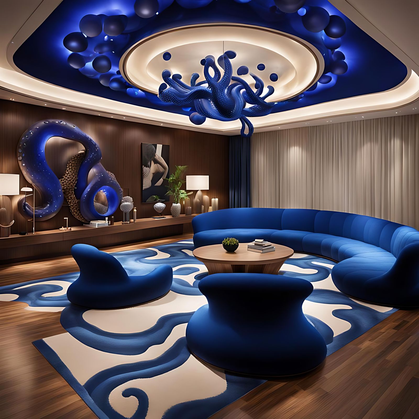 Surreal Tentacle Living Room with Sapphire Bubbles